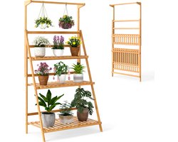COSTWAY 3-laags bamboe hangende plantenstandaard, opvouwbare bloempot organisator, plantenrek bloemenrek tuinrek plantenstandaard voor binnen- en buiten terras tuin balkon