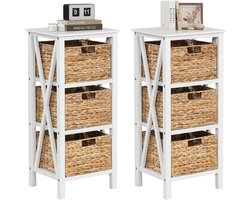 COSTWAY 3-traps nachtkastje met zeegrasmanden, smal X-design bijzettafel, salontafel met acaciahouten poten, opbergkast voor woonkamer, slaapkamer, walnoot (36 x 30 x 80 cm, set van 2)