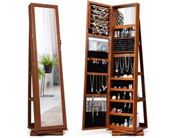 COSTWAY 360 roterende gespiegelde sieraden kast, vrijstaande sieradenkast, 2-in-1 afsluitbare grote capaciteit sieraden organisator met volledige lengte spiegel, binnen make-up spiegel, 78 ring gaten, 24 kettingen haken, 120 oorbel vakken (Rustiek)