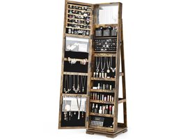 COSTWAY 360 roterende gespiegelde sieraden kast, vrijstaande sieradenkast, 2-in-1 afsluitbare grote capaciteit sieraden organisator met volledige lengte spiegel, binnen make-up spiegel, 78 ring gaten, 24 kettingen haken, 120 oorbel vakken