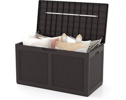 COSTWAY 380 L tuinbox met wieltjes, opbergbox, waterdicht incl. deksel, opbergdoos, tuinkist met rotanstructuur voor zwembadaccessoires, tuingereedschap en balkon (bruin)