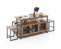 COSTWAY 4-delige eettafelset, keukentafel met 2 stoelen, bank en opbergruimte, industriële eetgroep met keukenkast voor 4 personen, eetkamertafel, metalen frame, bartafelset voor keuken, eetkamer
