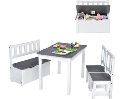 COSTWAY 4-Delige Kindertafel & Stoel Set, 2-In-1 Houten Peuter Activiteit Tafel Set met 2 Stoelen & 1 Opbergbankje, Multifunctionele kindermeubilair voor Spelen, Tekenen, Lezen & Dineren (Natuurlijke)