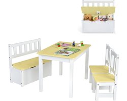 COSTWAY 4-delige kinderzitgroep met opbergruimte, kindertafel met 2 stoelen en bank, kindermeubel van grenenhout, zitgroep kinderzitgroep voor kinderen (natuur)