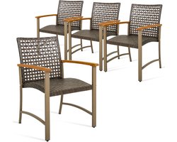 COSTWAY 4-delige rotan tuinstoelset, terras, eetstoelen met armleuningen van acaciahout en metalen frame, rotan stoelen voor balkon, veranda, zwembad