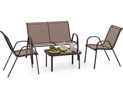 COSTWAY 4-delige tuinmeubelset, balkonmeubels, terrasmeubels, zitgroep, zitgroep voor 4 personen, tuingarnituur incl. 2 stoelen, bank & tafel, voor balkon, terras, tuin (bruin)