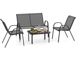 COSTWAY 4-delige tuinmeubelset, balkonmeubels, terrasmeubels, zitgroep, zitgroep voor 4 personen, tuingarnituur incl. 2 stoelen, bank & tafel, voor balkon, terras, tuin (grijs)