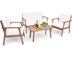 COSTWAY 4-delige tuinmeubelset, balkonmeubels van acaciahout, terrasmeubels met zit- en rugkussens, balkonset incl. 2 stoelen, bank & tafel, zitgroep, zitgarnituur, tuingarnituur (wit)