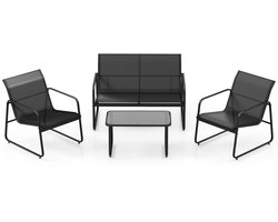 COSTWAY 4-delige tuinmeubelset, terrasmeubels met ademende stof, zitgroep, zitgroep voor 4 personen, tuingarnituur incl. 2 stoelen, bank & tafel, voor tuin, terras, zwembad (zwart)