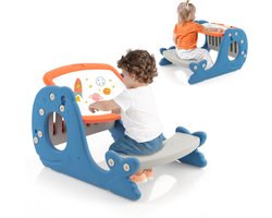 COSTWAY 4-in-1 kinderezel met bank, tekentafel met dubbelzijdig tafelblad en whiteboard, activiteitstafel en kinderbord in walvorm met legplank, voor kinderen vanaf 1 jaar