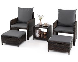 COSTWAY 5-delige balkonmeubelset, tuinmeubelen van PE-polyrotan (grijs) | Balkonset incl. 2 stoelen met kussens, kruk & tafel, terrasmeubilair, tuingarnituur, zitgroep voor tuin, balkon, terras