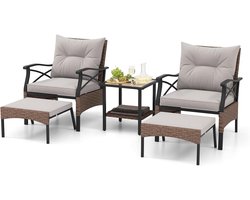 COSTWAY 5-delige rotan tuinmeubelset, 2-traps bijzettafel, 2 stoelen met kruk, terrasmeubels, balkonmeubels 2 personen, tuingarnituur incl. zitkussens en rugkussens