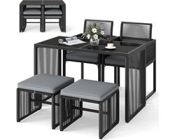 COSTWAY 5-delige rotan tuinmeubelset, balkonmeubel, balkonset incl. 2 stoelen met kussens, kruk en tafel, terrasmeubels, ruimtebesparende tuinset met inklapbare rugleuning, zitgroep voor tuin