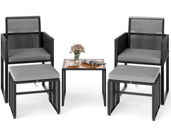 COSTWAY 5-delige rotan tuinmeubelset, balkonmeubel, balkonset incl. 2 stoelen met kussens, kruk en tafel, terrasmeubels, ruimtebesparende tuinset met inklapbare rugleuning, zitgroep voor balkon