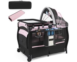 COSTWAY 5-in-1 reisbed met matras, bijzetbed inklapbaar met verstelbare luifel, babybed met aankleedkussen, muziekdoos en draagtas, kinderreisbed tot 15 kg belastbaar (roze bloemen)