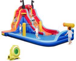 COSTWAY 5-in-1 springkasteel in piratenthema met glijbaan, kinderbadje, waterkanon, basketbalkorf en klimwand, waterpark voor de achtertuin, 484 x 271 x 263 cm