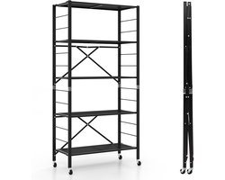 COSTWAY 5-traps rek voor zware lasten, inklapbaar opbergrek met wielen, 3-in-1 keukenrek, doe-het-zelf, met in hoogte verstelbare planken, vrijstaand opbergrek van metaal voor garage, keuken, balkon