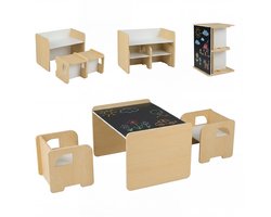 COSTWAY 6-in-1 Kindertafel met 2 Stoelen, Kinder Tafel en Stoel Set met Schoolbord & Boekenplank, Tekentafel met Opbergruimte, Speeltafel voor Kinderkamer, Kindermeubelset voor Kinderen vanaf 3 Jaar (Natuur)