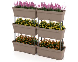 COSTWAY 6 stuks bloembakken, doe-het-zelf design, 49 cm lang, plantenbakken met drainagesysteem, verticaal verhoogd bloembed, plantenbak voor tuin, terras, balkon, kunststof bloempotten (grijs)
