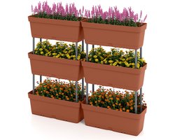 COSTWAY 6 stuks bloembakken, doe-het-zelf design, 49 cm lang, plantenbakken met drainagesysteem, verticaal verhoogd bloembed, plantenbak voor tuin, terras, balkon, kunststof bloempotten (bruin)