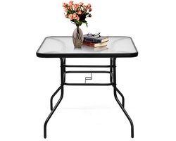 COSTWAY 80 cm Tuintafel, Rechthoekige metalen koffie/theetafel met gehard glazen blad en paraplugat, moderne klassieke stijl past bij elk decor, Buiten eettafel voor Patio, Tuin, Balkon, Achtertuin