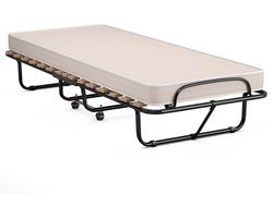 COSTWAY 80 x 190 cm, logeerbed met matras van traagschuim, inklapbaar eenpersoonsbed, stabiel metalen bed tot 130 kg belastbaar, klapbed op wielen, vouwbed, kantoor, logeerkamer, draagbaar bed (beige)
