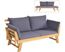 COSTWAY Acacia Houten Omvormbare Slaapbank met Verstelbare Armleuningen, Inklapbare Chaise Longue met Armleuningen en Kussens, Buiten Slaapbank voor Tuin, Zwembad, Achtertuin (grijs)