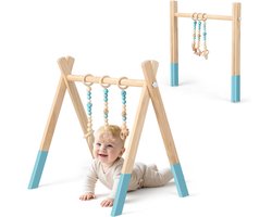COSTWAY Babyspeelboog van hout, inklapbaar, babygym met 3 afneembare kinderspeelgoed, speeltrapeze voor baby's ouder dan 3 maanden, houten speelgoed voor de ontwikkeling van de hersenen (groen)