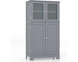 COSTWAY Badkamerkast met glazen deuren en verstelbaar rek, hoge badkamerkast, hout, badcommode, opbergkast voor badkamer, keuken, woonkamer (grijs)