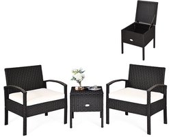 COSTWAY Balkonmeubel, klein balkon, rotan 2 stoelen en tafel met opbergruimte, 3-delig, tuinmeubelen, terrasmeubel, rotanmeubel, loungeset, incl. kussens, zwart
