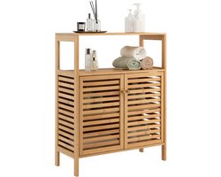 COSTWAY Bamboe Badkamer Opbergkast, Vrijstaande Opslag Organisator met Open Plank en Dubbele Louvered Deuren, Verwijderbare Plank, Bamboe Vloerkast voor Badkamer, Woonkamer, Keuken, Ingang