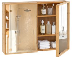 COSTWAY Bamboe spiegelkast badkamer, badkamerkast met spiegel, badkamer hangkast met 2 deuren en 2 verstelbare planken, wandkast voor badkamer, natuur