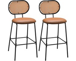 COSTWAY Barkruk set van 2, barstoel met rugleuning van imitatie rotan, keukenstoelen, hoogte 75 cm, met metalen frame en voetensteun, barkruk voor bistro, thuis, restaurant