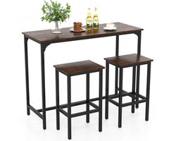 COSTWAY Bartafel met barkruk, set van 2 personen, met voetensteun, houten eetgroep met metalen frame, keukentafelset, aanrecht voor woonkamer, eetkamer en keuken, rustieke douche