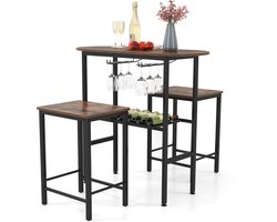COSTWAY Bartafel met barkrukset, 2 personen, bartafel set met houders voor wijnglazen en flessen, aanrecht, huisbar voor woonkamer, eetkamer en keuken (vintage)