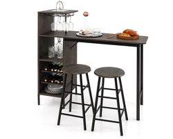 COSTWAY Bartafels met houders voor wijnglazen en flessen, keukentafel met barkruk, aanrecht voor woonkamer, eetkamer en keuken, vintage bruin, set van 3