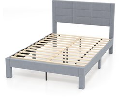 COSTWAY Bedframe voor matras van 200 x 140 cm, fluwelen stof, gevoerd tweepersoonsbedframe, platformbed met hoofdeinde, houten lattenondersteuning, verstelbare voetkussens, grijs (model kruisvorm, M)