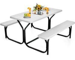 COSTWAY Biertentgarnituur, picknicktafel en 2 zitbanken met metalen frame, campingtafelset feesttentgarnituur voor terras, tuin, zwembad, 137 x 150 x 72 cm (wit)