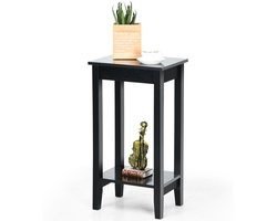 COSTWAY Bijzettafel met plank, 2 verdiepingen hoge salontafel met 4 massief houten poten, rechthoekige opbergtafel, gangtafel, hout, plantentafel, houten tafel voor woonkamer slaapkamer (zwart)