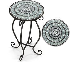COSTWAY Bijzettafel, mozaïektafel, rond, mozaïek, tuintafel, bistrotafel, diameter 30 x 50 cm, balkontafel van metaal en keramiek, bloemenkruk voor balkon, terras en tuin (zwart + grijs)
