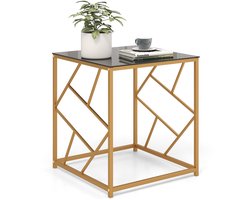 COSTWAY Bijzettafel, salontafel met gehard glasplaat en metalen frame 50 x 50 x 55 cm, moderne salontafel voor woonkamer en slaapkamer, zwart + goud