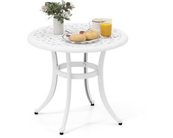 COSTWAY Bijzettafel van gegoten aluminium, weerbestendige balkontafel met verstelbare voetkussens, ronde tuintafel voor tuin, achtertuin, balkon, 60 x 60 x 53 cm, wit