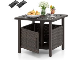 COSTWAY Bijzettafel voor buiten, weerbestendig, rotan tuintafel met paraplugat, kleine balkontafel, koffietafel voor tuin, balkon, terras, 55,5 x 55,5 x 47,5 cm