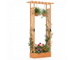 COSTWAY Bloembak met klimrek, plantenbak met klimhulp en hangend dak, verhoogd bed voor klimplanten en hangmanden, privacyscherm, voor tuin, erf, terras (110x35x227 cm, Oranje)