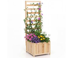 COSTWAY Bloembak met klimrek, plantenbak voor klimplanten, plantenpot met privacyscherm, verhoogd bed met leiboom, binnenbekleding en drainagegaten, bloempot voor tuin of balkon, hout, 123 cm hoog, naturel