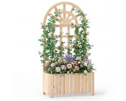 COSTWAY Bloembak met klimrek, plantenbak voor klimplanten, verhoogd plantenbed met klimrek en drainage, bloempot voor tuin, balkon of privacyscherm, houten tuinrek, 61 x 30 x 121 cm, naturel