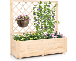 COSTWAY Bloembak met klimrek, verhoogd plantenbed met leiboom- en drainagegaten, plantenbak met privacyscherm, plantenbak voor klimplanten, bloempot voor tuin en balkon, hout, naturel, 98 x 35 x 101 cm
