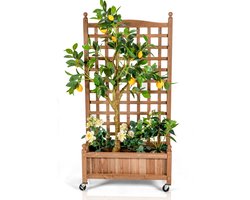 COSTWAY Bloembak met rankrooster, houten plantenbak op wieltjes, voor klimplanten, verhoogd bed met latwerk, tuinspalier met drainagegaten, voor tuin, binnenplaats, balkon, 64 x 28 x 127 cm, bruin