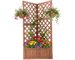COSTWAY Bloembak met rankrooster, plantenbak hoek van hout, verhoogd bed met latwerk en drainagegat, bloempot voor klimplanten, tuin, binnenplaats, balkon, tuinlatwerk, klimhulp, 55 x 55 x 140 cm(Bruin)