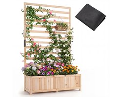 COSTWAY Bloembak met rankrooster, plantenbak voor klimplanten, verhoogd bed met latwerk, voering en afwatering, bloempot voor tuin, balkon, tuinlatwerk, rankkast, hout, 90 x 35 x 150 cm, naturel